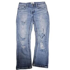 BKE Denim Stella Straight Jeans Womens 26R Blue‎ Distressed Ripped Boho Stitched